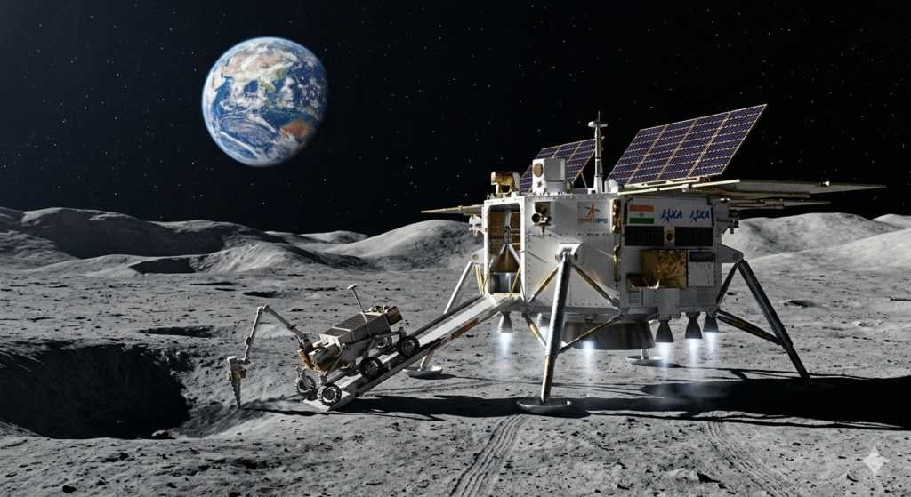 illustration of the LUPEX lander and rover on the moon;s South Pole with earth in background, a joint ISRO and JAXA mission.