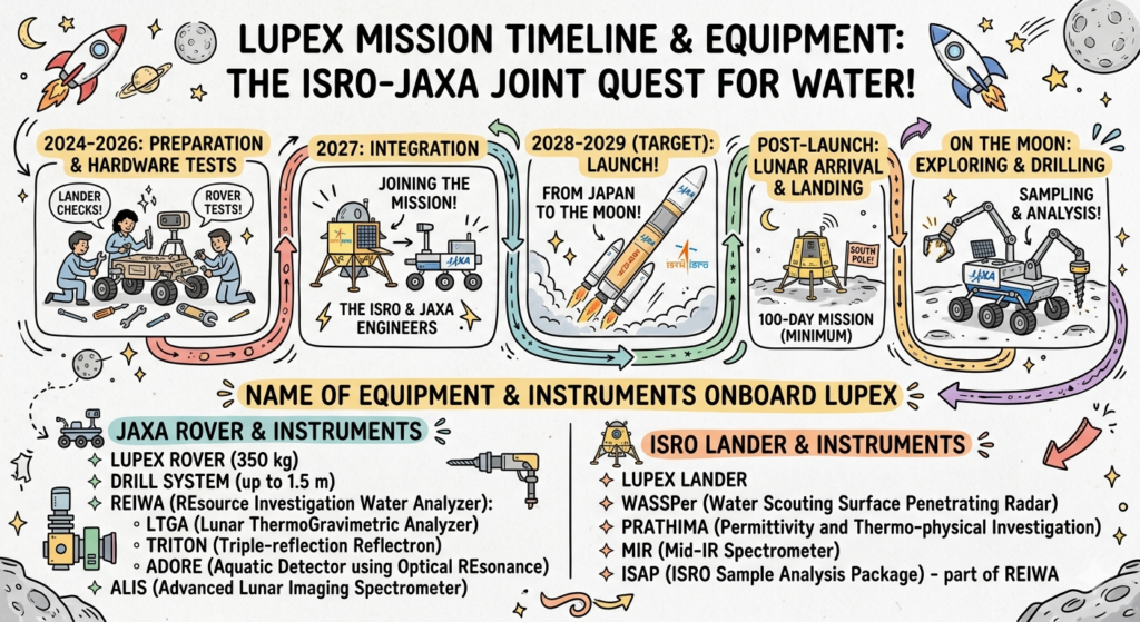 Illustration Image of Timeline and Equipment of LUPEX mission by ISRO and JAXA