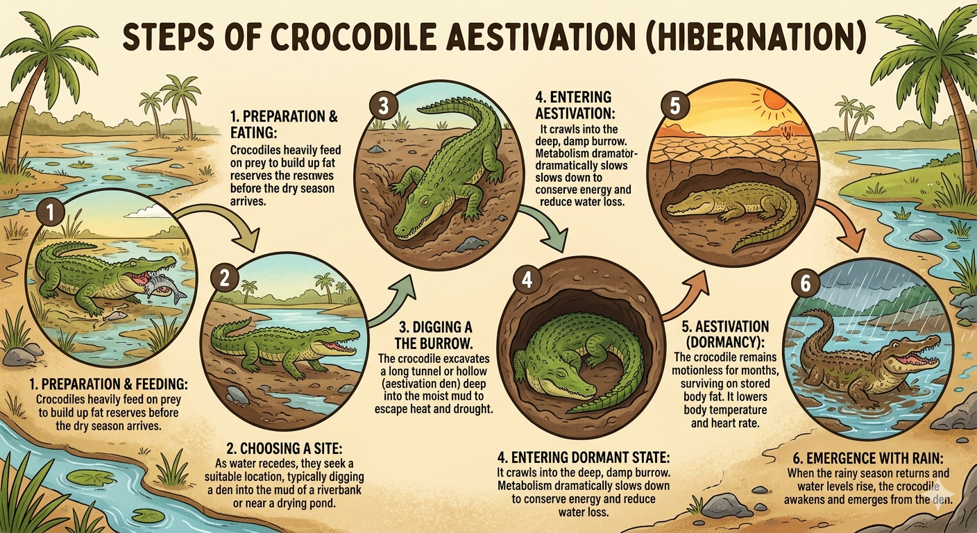 illustration of crocodile aestivation (Hibernation) steps with text.