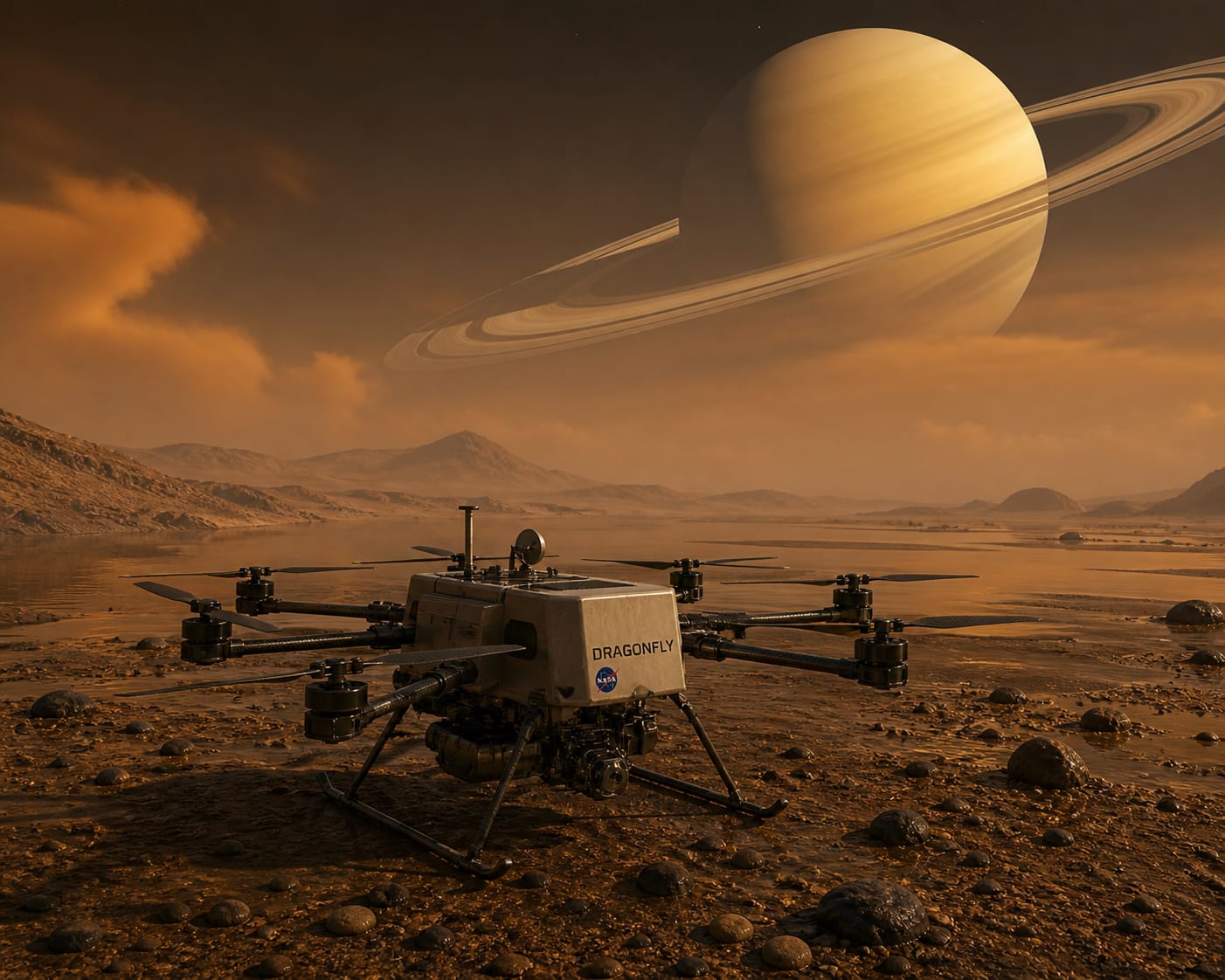 Illustration image of dragonfly drone on surface of saturn's moon Titan