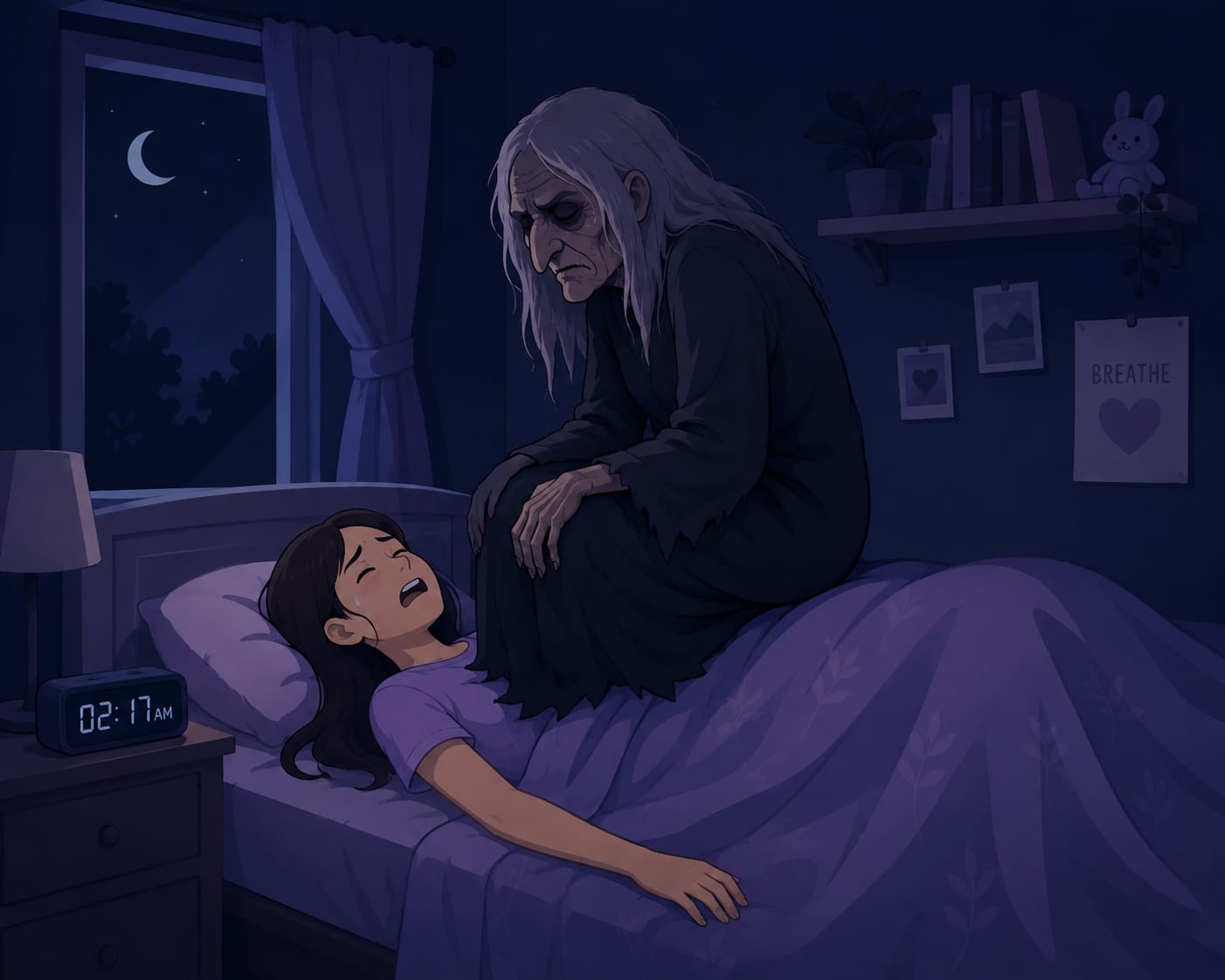 Illustration of sleep paralysis: a old hag sitting on the girl's chest.