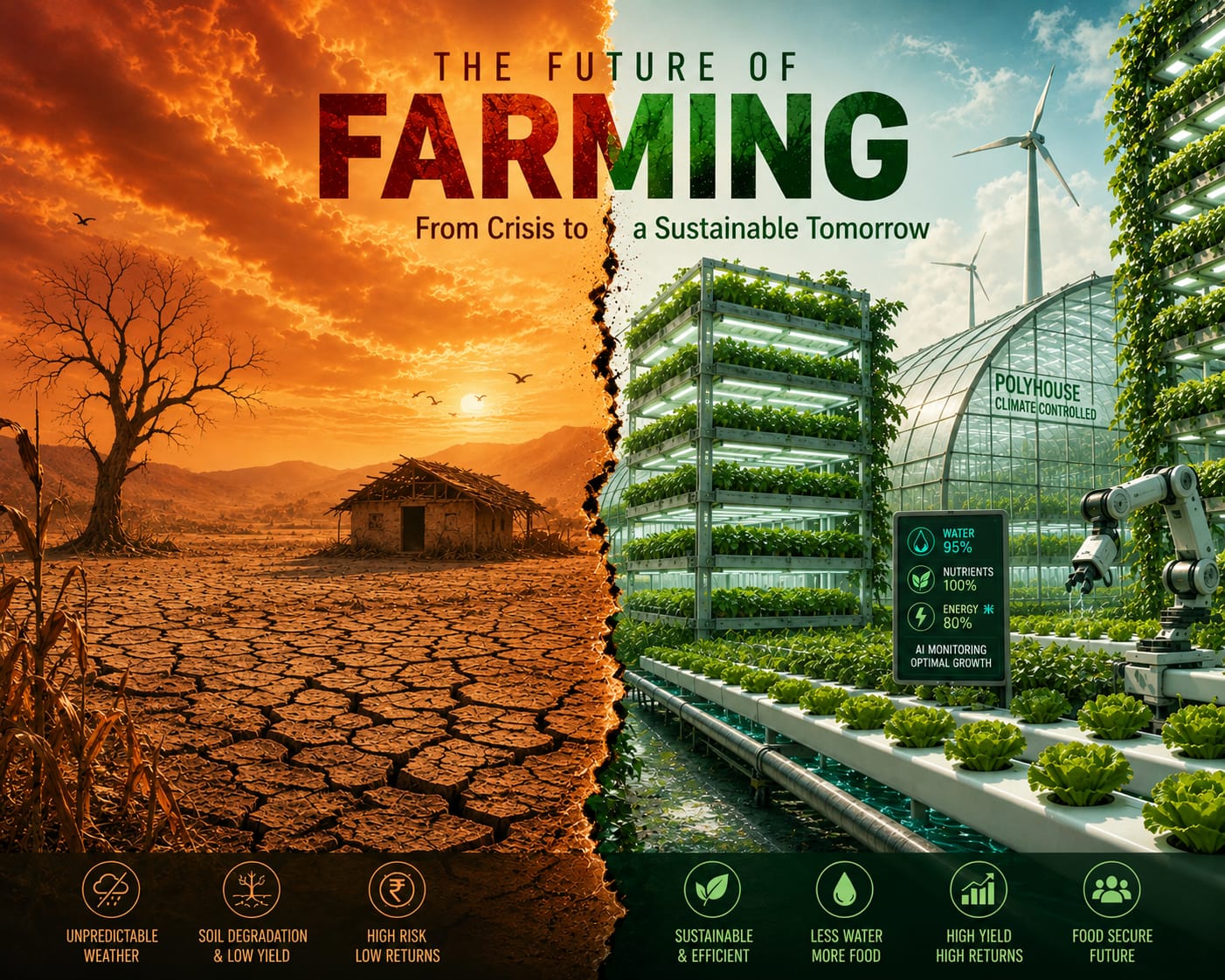 Illustration Image of impact of global warming to shift farming towards the modern farming technique.