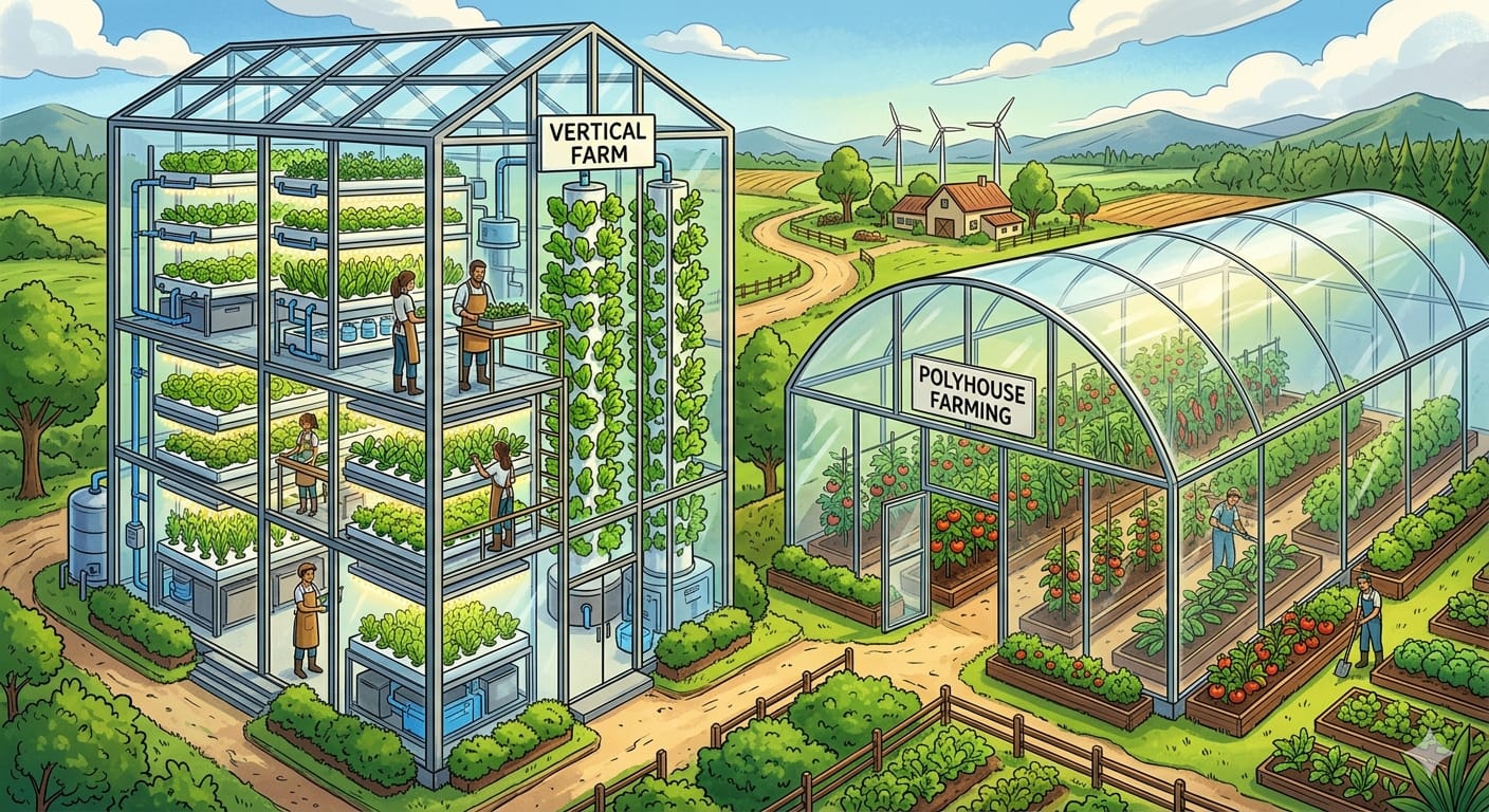 Illustration of vertical farming and polyhouse farming.